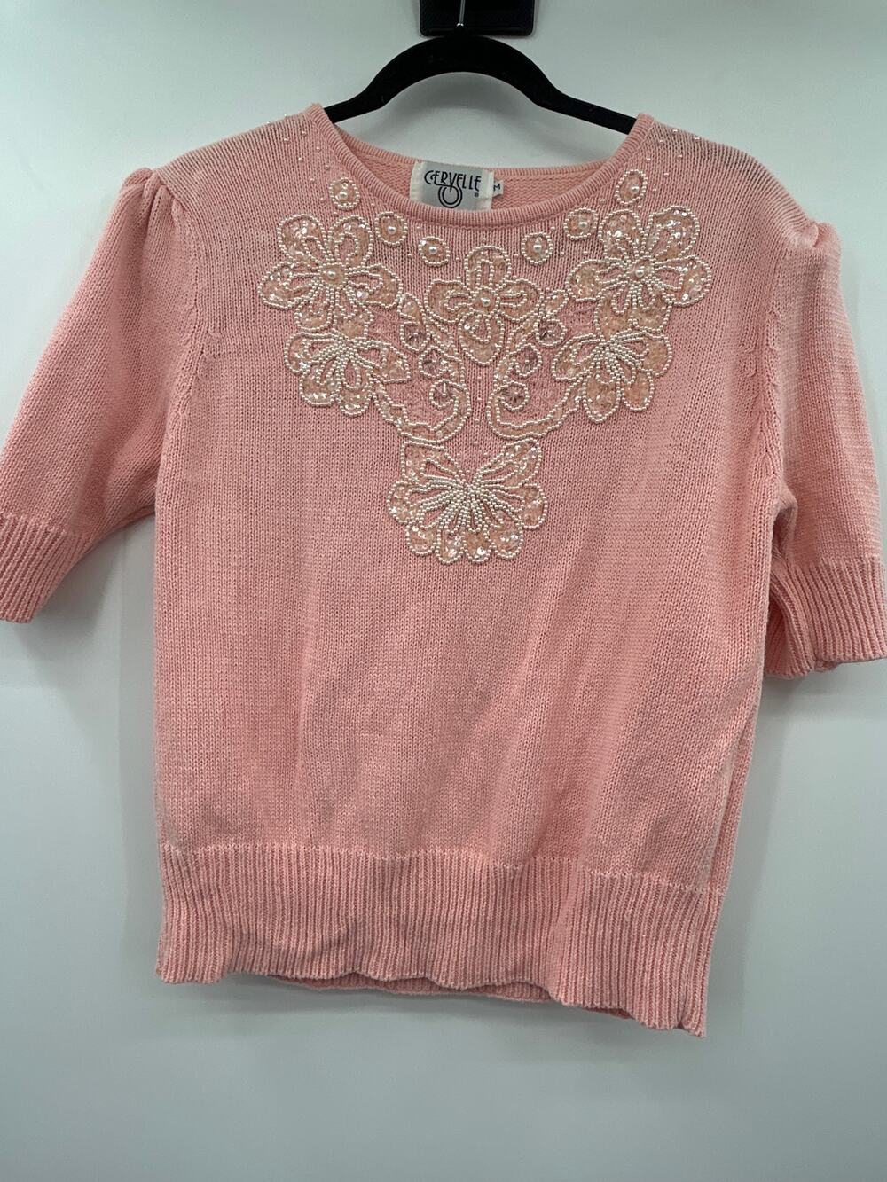 Cervelle Pink Beaded Sweater Top Size M Embellished Short Sleeve Coquette Girly